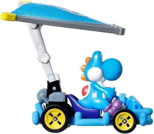 Miniatura 3 de Hot Wheels Mario Kart 1:64 Escala fundida a presión Yoshi azul claro en marco de tubo Kart con Super Glider