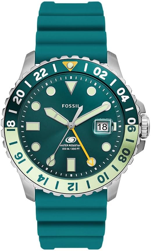 Fossil Blue GMT Watch for Men, Three Hand Date Movement with Stainless Steel or Silicon Strap