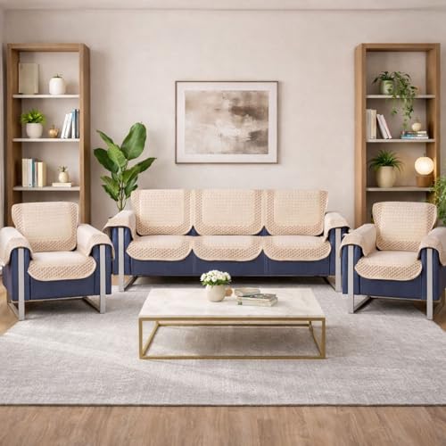 Image of Premium Chenille Woven Anti-Slip 5 Seater Sofa Cover with Armt Rest | L-Shape Sofa Seat Protector for Living Room | Durable & Stylish Slipcover - Beige 3D