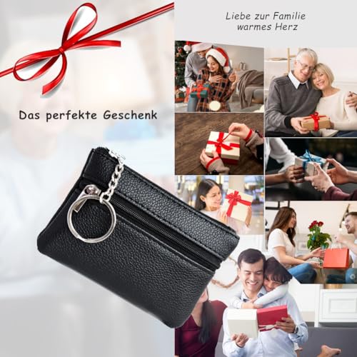 DJHUHN Schlüsseltasche Doppelschichtige Schlüsseletui PU Brieftasche 11,5 x 7,5 x 1,3cm Kartenflug Kleingeld Schlüssel mit Reißverschluss für Männer Frauen Unisex (Schwarz)