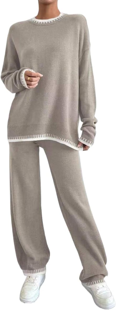 Knitted 2 Piece Sweater Sets Women Long Sleeve Pullover Sweater Top and Wide Leg Pants Lounge Sets Tracksuits