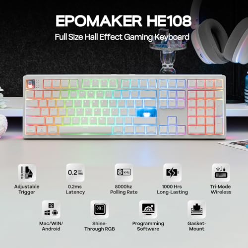 Image of EPOMAKER HE108 Wireless Gaming Keyboard, 8K Polling & 10000mAh, SOCD & DKS, Full-Sized Hall Effect Keyboard with Rapid Triggering, Custom Driver, RGB Backlit, PBT Keycap (White)