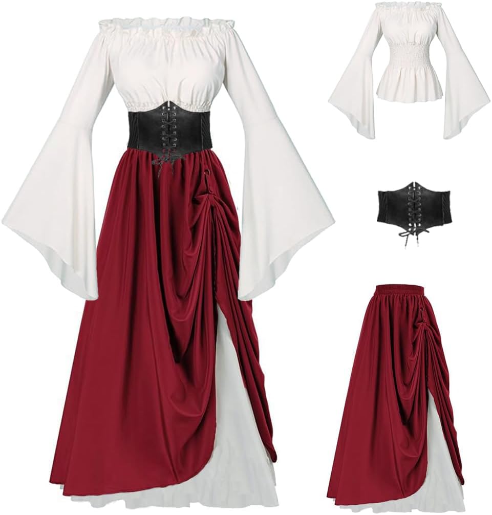 VNVNE Halloween Renaissance Fairy Pirate Witch Costumes for Women, Medieval Victorian Vintage Peasant Cosplay Ren Faire Dress