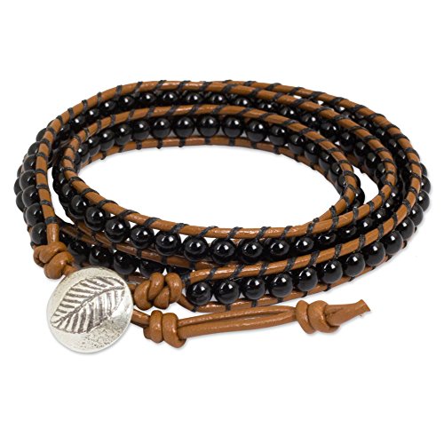Novica Onyx .925 Sterling Silver Leather Wrap Bracelet, 20.75" 'Leaf Fossil' #TOP18