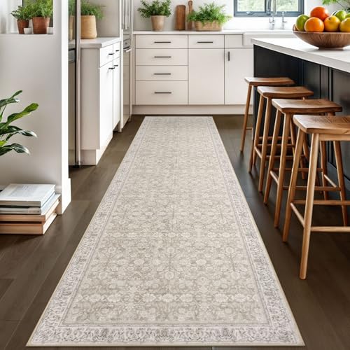 3x10 Cream Beige White Grey Washable Runner Rug for Kitchen, Soft Classic Runner with Non-Slip, Non-Shedding Distressed Floral Rug for Hallways Entryway Bedroom Laundry Indoor
