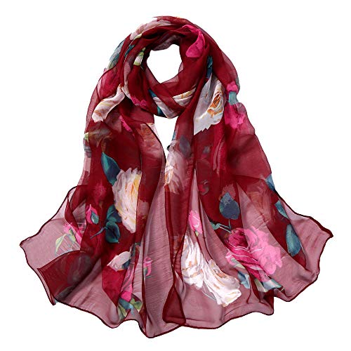 Scarves Women Shawl Soft Silk Scarf Long Roses Fashion Simulation Printing Wrap Scarf Fall Scarf (Wine Red, One Size) #TOP1