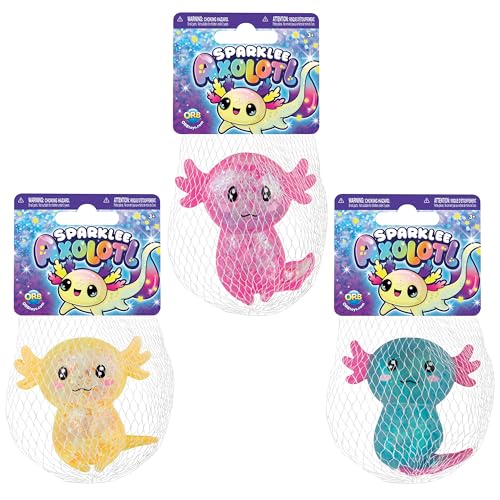 ORB Curiosities Mega Sparklee Squishy Axolotl Toy 3 Pack - Cute Axolotl Squishy Sparkling Sugar Ball Squishies to Squeeze - Fun Stress Ball Toys - Sensory and Fidget Axolotl Toys for Kids and Adults
