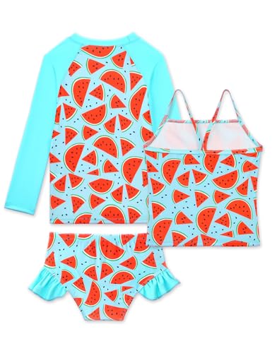 Girls Rash Guard Swimsuit Size 7-8 Years Old Green Watermelon 3 Pieces Long Sleeve Bathing Suit Set2