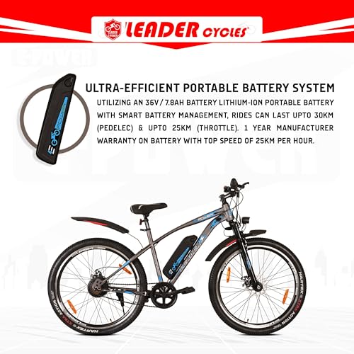 Image of Leader Men E-Power L6 27.5T Electric Cycle, Dual DISC Brake|Front LED Light and Horn (Li-Ion Removable Battery, 250W BLDC Motor)| 1 Year Warranty,Unisex,Mountain Bike,Grey Black,Mens,Front,19 inches