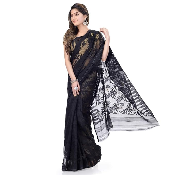 db desh bidesh Women`s Traditional Bengal Handloom Soft Dhakai Jamdani Cotton Saree Whole Body Design(Black)-picture-28