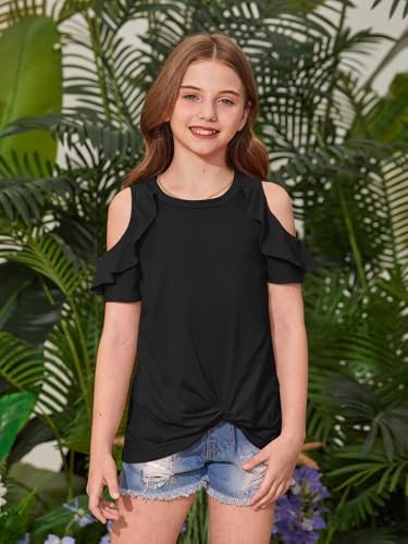 BesserBay Girl's Cold Shoulder Twist Knot Front Tunic Shirt Ruffle Trim Crew Neck Short Sleeve Tee 6-14 Years2