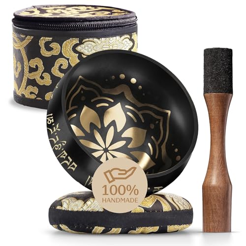 Handmade Tibetan Etched Singing Bowl Set with Case – Meditation