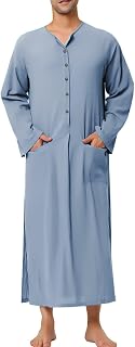 Men's Long Button Nightgown with Pokets Long Sleeve Full Length Vintage Mens Dressing Robe Pajamas Collarless Loungewear