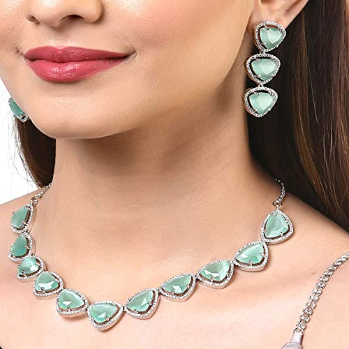 Image of ZENEME Rhodium Plated Silver Toned Triangular Shaped American Diamond Studded Jewellery Set For Women and Girl