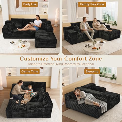 Image of 108 inch Boneless Cloud Sectional Couches for Living Room, Fluffy Comfy L Shaped Deep Seat Memory Foam Boneless Couch, Modular Sectional Sofas with Right Facing Chaise, Black