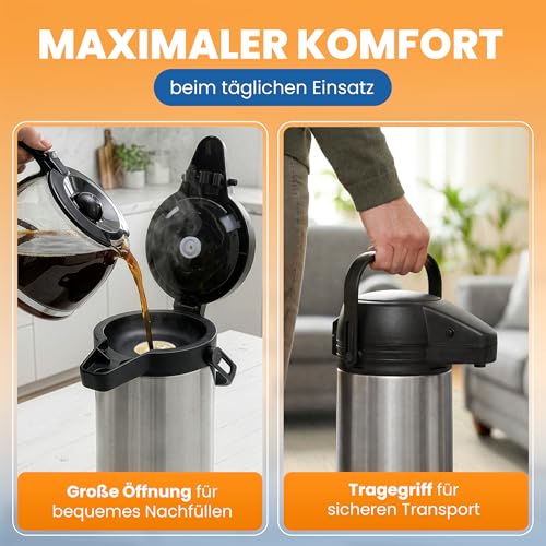 Foto von EUROHOME Airpot Pumpkanne Edelstahl mit Einer Füllmenge von 1,9 Liter - Isolierkanne mit hochwertiger Pumpfunktion - Thermoskanne 35 cm in der Höhe - hält Getränke Lange warm oder kalt