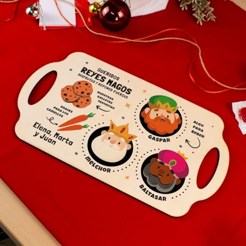Bandeja de Navidad Personalizada de Madera Con Nombre - Reyes Magos y Papá Noel (Diseño 2, Rectangular Grande)