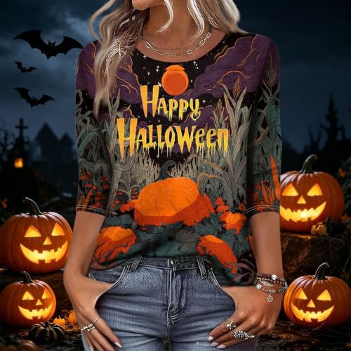Image of Women Spooky Halloween Graphic Shirt 3 /4 Length Sleeve Crewneck Top | Halloween Funny Printed Pumpkin Plus Size Tshirts 2026 Fall Outfits Skeleton Tee Going Out Tops