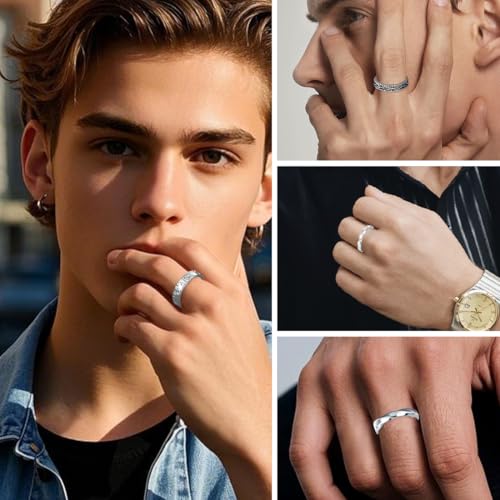 VEOIRXU 4 Stück Herren Ring Vintage Ringe Verstellbare Geschnitzte Ringe für Männer Hip Pop Offene Gothic Punk Klassischer Daumenring Fidget schmuck für Herren Damen (Silber)