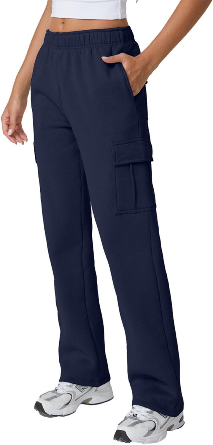 QINSEN Womens Medium Waist Baggy Elastic Waist Sweatpants Casual Fleece Long Pants with Pockets