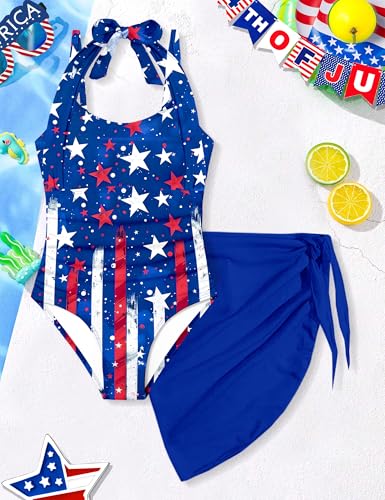 Image of Girls Swimsuit Set - Halter Neck One Piece Bathing Suit with Tropical Cover Up Skirt Swimwear for Kids 7-18Y