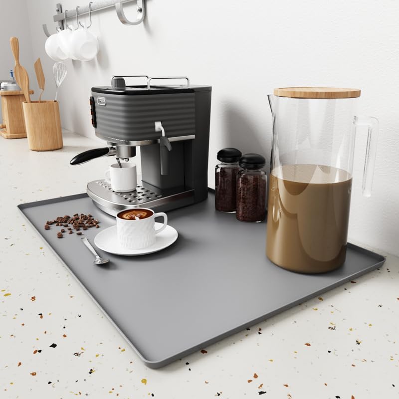 Tapete de café de silicona, tapete de barra de café de 16 x 24 pulgadas con tapete de secado de platos desmontable, 2 accesorios de barra de cocina que se ajustan debajo de la máquina de café espresso