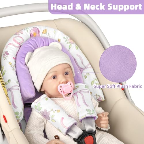 Image of SWESEN Infant Car Seat Insert & Strap Covers, Car Seat Head Support for Baby Girls, 2 in 1 Soft Plush Car Seat Insert for Newborns, for Infants Aged 0-12, Purple Bow