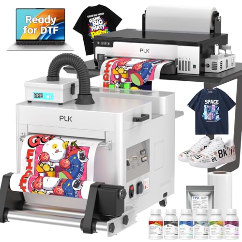 PLK Imprimante A3 DTF avec shaker et sèche-linge, machine XP600 DTF, chargeur de rouleau, coupe-film intégré, double vitesse, L18058 amélioré avec système d'agitation à encre blanche, impression par