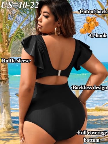 Plus Size One Piece Swimsuit for Women Curvy, Ruffle Tie Front Ruched Sexy Monokini,Cutout Tummy Control Bathing Suit3