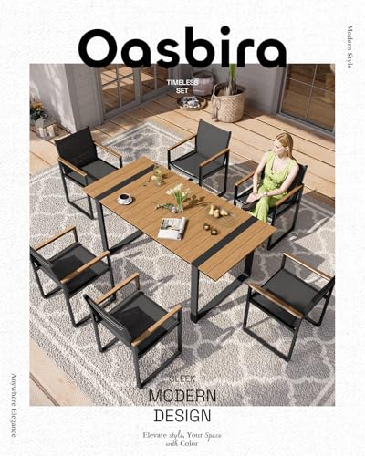 Image of Outdoor Dining Set, Patio Table and Chairs Set, 7 Piece HDPS + Aluminum Patio Furniture Set with Umbrella Hole, Patio Dining Table Set (Gray-Teak)