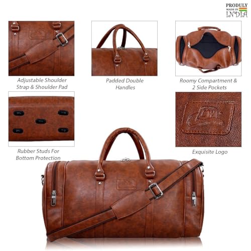 Image of Leather World Duffle Bag 55 L Brown Vegan Leather Weekender Travel Luggage Bag with Detachable Shoulder Strap for Men & Women (TAN)