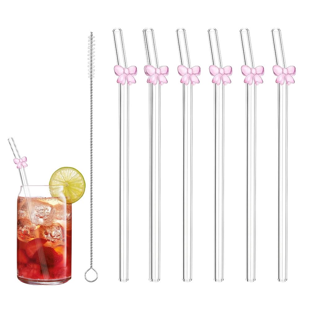 Vaniika Glass Straws with Pink Bow, 6 PCS Reusable Straws with Cleaning Brush, 20 CM Cocktail Glass Straws Made of High Borosilicate Glass for Juices, Bubble Tea, Slush