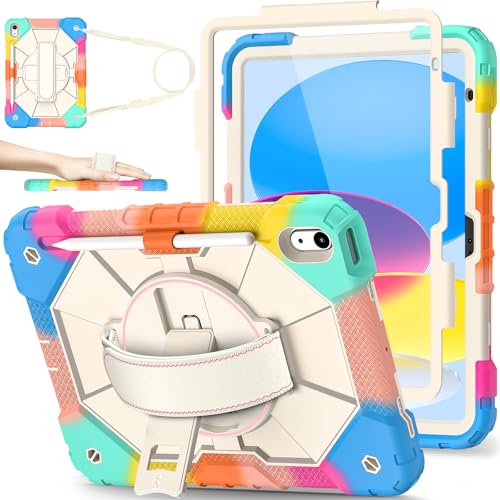Nitupai Case for iPad 10th Generation 10.9 Inch 2022 / iPad A16 Case 11 Inch 2025 with Screen Protector 10th Gen Cover for Kids Pencil Holder 360° Rotating Stand Shoulder Strap, Colorful