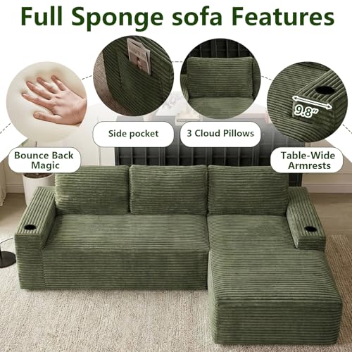 Image of 104.3 inch Modular Sectional Sofa,Modern Corduroy Cloud Couch with Cup Holder & Side Pockets,Boneless Couch Upholstered 4-Seater L-Shaped Sofa for Living Room,No Assembly (Green, Right-Facing Chaise) | with Cup Holder