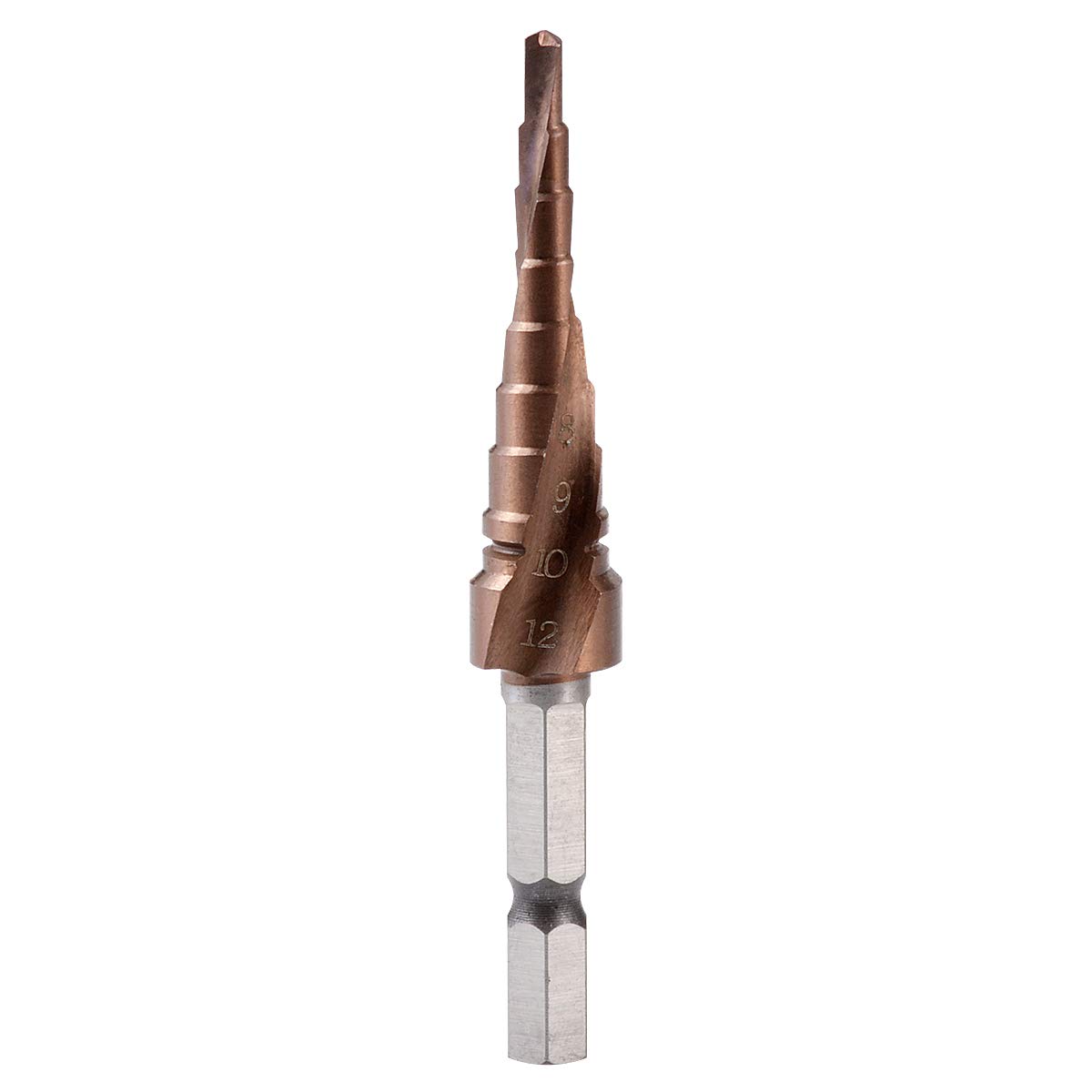 Broca Espiral Escalonada[3-12mm, 9 Pasos], HSS co M35 Recubierto de Titanio, 1/4'' Mango Hexagonal, Perforación de Acero Inoxidable, Metal Duro, Plásticos, Madera, Hierro Fundido, Aluminio