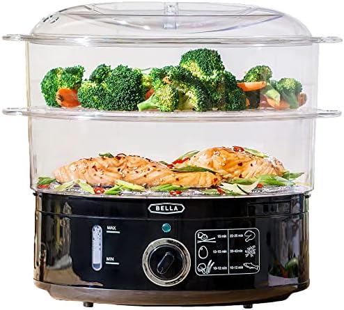 BELLA Two Tier Food Steamer, Healthy, Fast Simultaneous Cooking, Stackable Baskets for Vegetables or Meats, Rice/Grains Tray, Auto Shutoff & Boil Dry Protection, 7.4 QT, Black