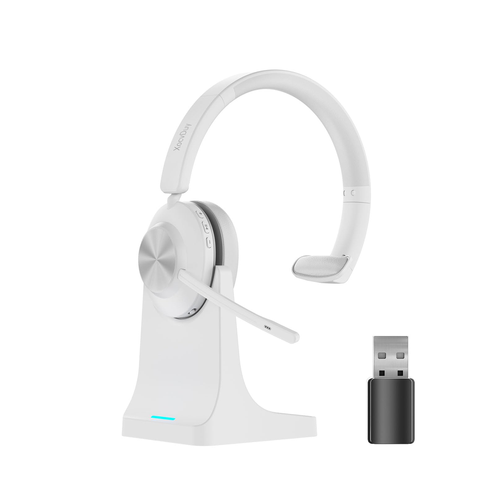 Bluetooth Headset, Wireless Headset with Mic for Work, Bluetooth 5.3, Wireless Headphones with AI Noise Cancelling Microphone (Clear Calls & Mic Mute), USB Dongle, for Computer/PC(White)