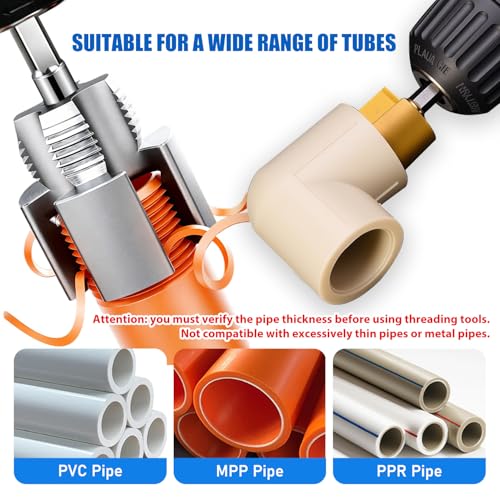 3PCS PVC Pipe Threader Tool Kit-1/2" 3/4" 1" Dual-Function Integrated Internal & External Pipe Threading Tool for Water Pipe,Drill Compatible Threading Tool for Pipe Projects and Home Repairs by PILISPARK - Used condition - Image 6
