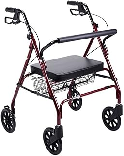 Red Frame Foldable Bariatric Heavy Duty Rollator Walker W/ Large Padded Seat. Supports