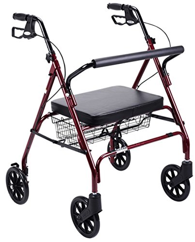 Red Frame Foldable Bariatric Heavy Duty Rollator Walker W/ Large Padded Seat. Supports