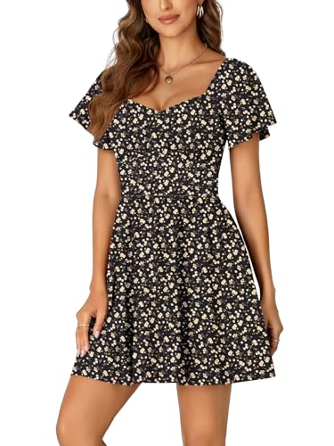 Image of Rooscier Women's Tie Back Square Neck Wrap Ruffle Short Sleeve Flare Mini Dress
