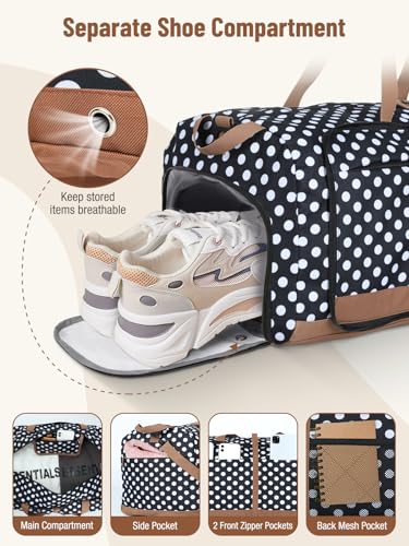 Image of Lekesky Foldable Travel Duffel Bag for Women, 80L Large Duffle Bag with Separate Shoes Compartments & Straps, Carry On Weekend Bag for Women, Hospital, Overnight(Polka Dots)