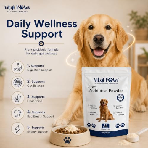 Image of Probiotics for Dogs, Pre + Probiotic Powder Chicken Flavour, 4 Billion CFU Dog Gut Health Supplement, Supports Digestion, Coat Shine, Bad Breath & Daily Food Mixing, 120g