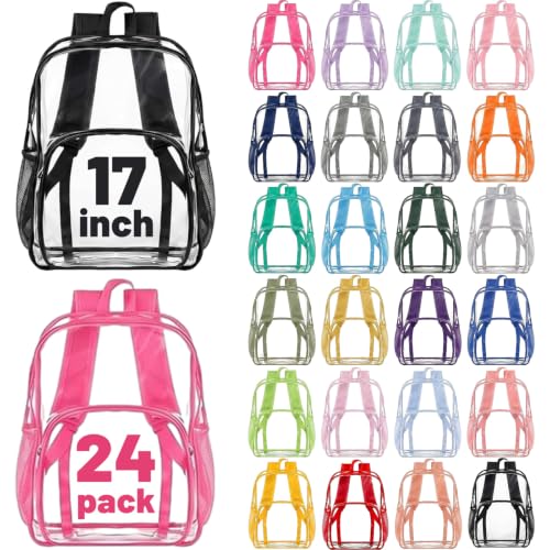 Image of Amylove 24 Pcs Clear Backpack bulk for Stadium Events Heavy Duty PVC Transparent Bookbag for College Workplace Security (17 Inches,24 Colors)