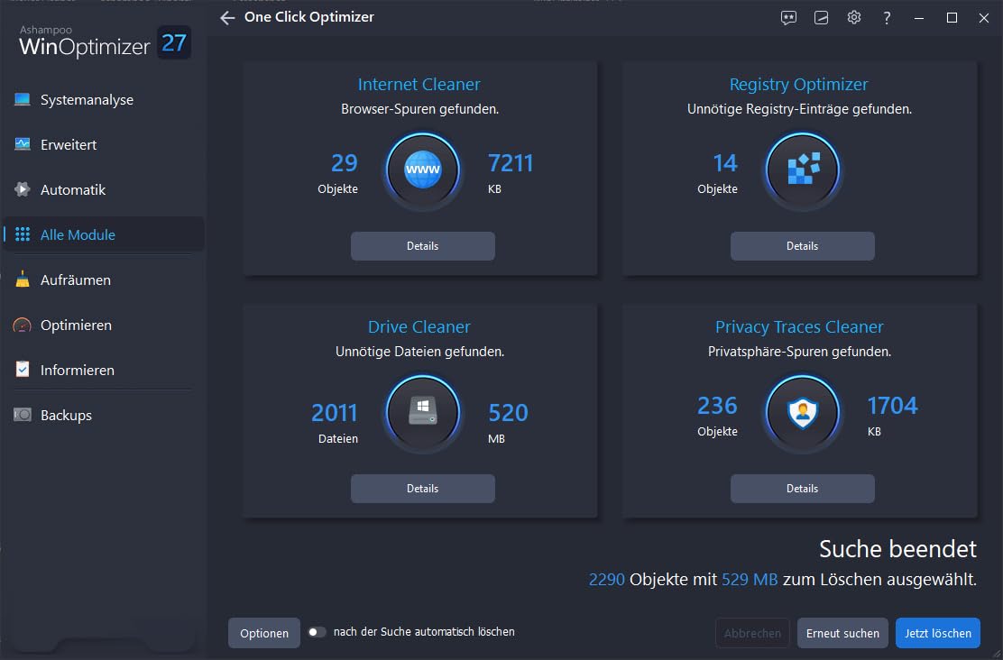 WinOptimizer 27 - 3 USER Lizenz - System Tuning für Windows 11 10 8.1 8 7 - unbegrenzte Laufzeit