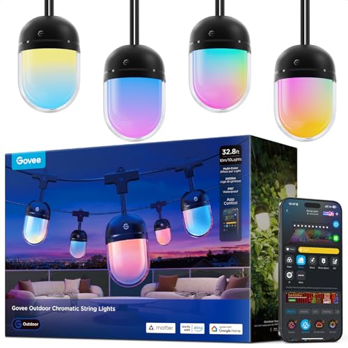 Image of Govee Outdoor Chromatic String Lights, 32.8ft RGBIC Outdoor Lights, 55 RGB LEDs per Bulb, Uni-IC Control, 111+ Scenes for Patio, IP67 Waterproof, Compatible with Alexa, Google, Matter, App Control
