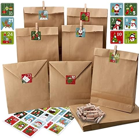 Advent Calendar Set to Fill Yourself - 24 Paper Bags with Number Stickers 1-24 and Clip - Make Your Own Calendar with Number Stickers - Ideas for Children, Women and Men for Christmas Cover