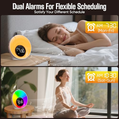Tageslichtwecker Lichtwecker Sonnenaufgang, Wake Up Light mit Wecker Digital, Nachttischlampe Dimmbar mit Doppelalarm und Snooze, White Noise Machine mit 30 Einschlafmusik, 16 Helligkeit, 14 Farblicht