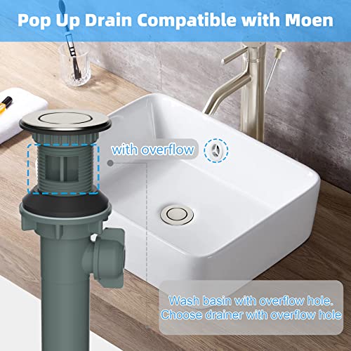 Bathroom Sink Drain With Overflow, Push And Seal Pop Up Drain Stopper Lift Rod, 2 Pack Bathroom Lavatory Vanity Vessel Drain Compatible With Moen, American Standard,Universal Drain Hole,Brushed Nickel #TOP1