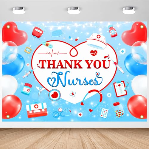 Avezano Thank You Nurses Banner Happy National Nurses Week Party Decorations Backdrop Nurse Appreciation Week Banner for Hospital Medical Doctor Nurse Party Supplies (7x5ft)